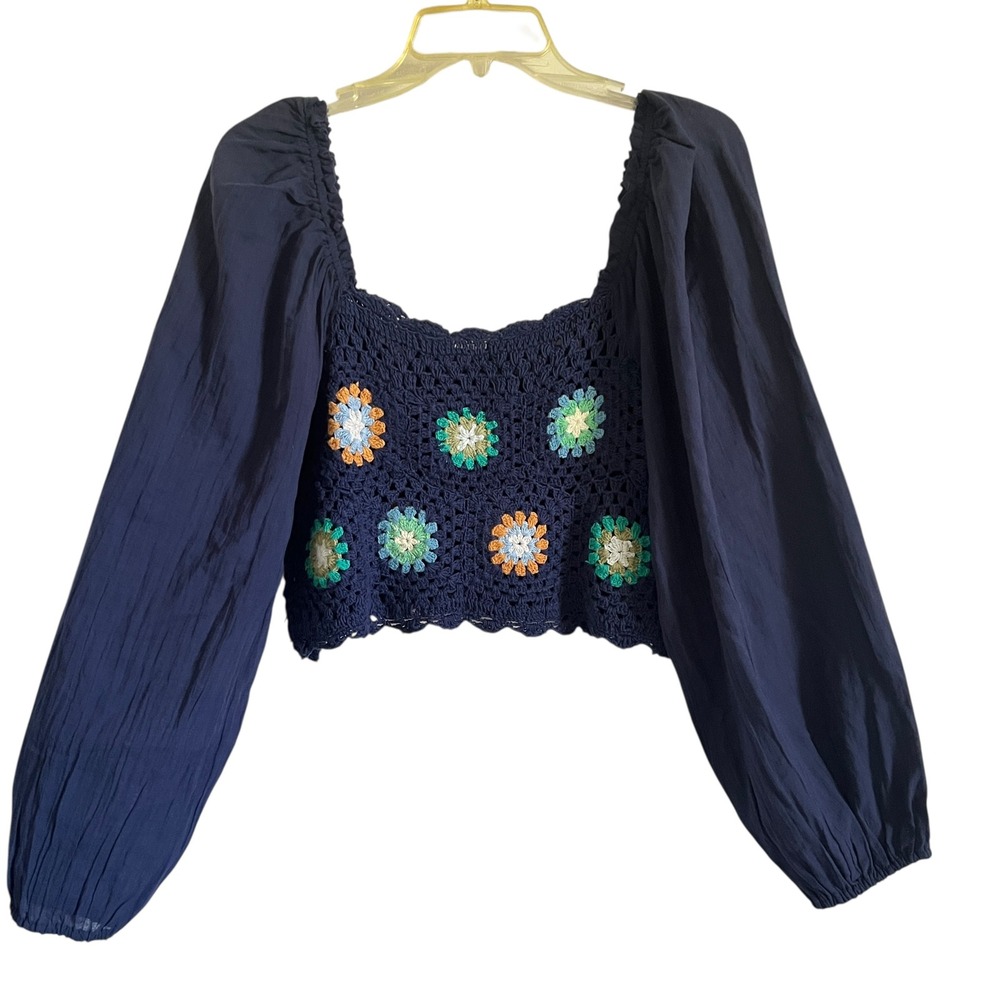 Aerie‎ Crochet Flower Square Neck Puff Sleeve Crop Top Blue Boho Festival Hippy